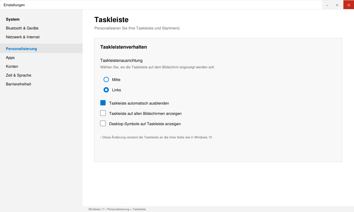 Taskleiste in Windows 11 nach links verschoben