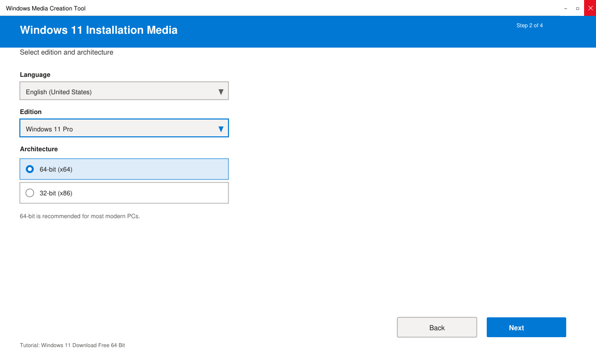 Screenshot of the Media Creation Tool interface with language and edition selection visible