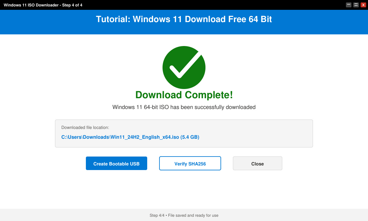 Final screen showing successful ISO download complete with file path displayed