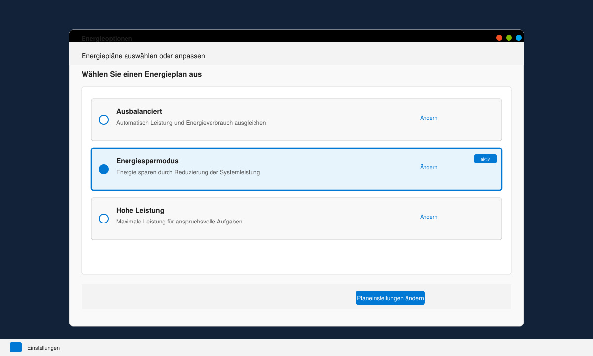 Bildschirm mit den Energieplänen in Windows 11, Energiesparmodus hervorgehoben