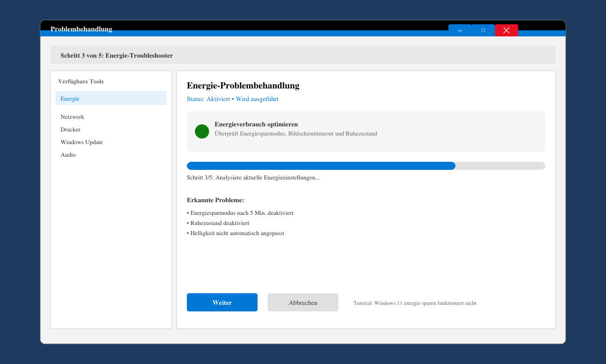 Fenster der Windows-Problembehandlung mit aktiviertem Energie-Troubleshooter