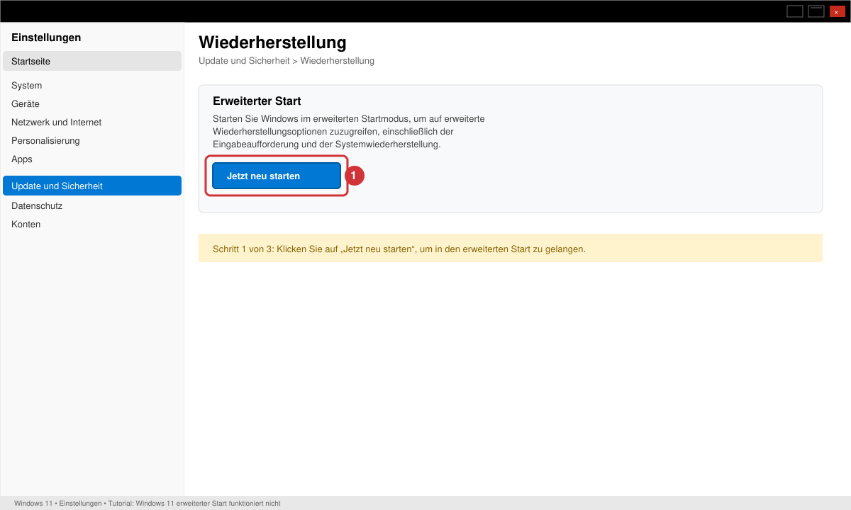 Screenshot der Windows-Einstellungen mit markiertem Button „Jetzt neu starten“ unter Erweiterter Start