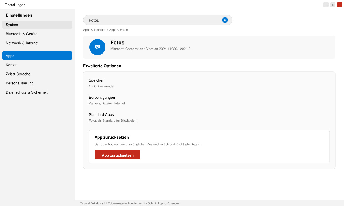 Screenshot der Windows-Einstellungen mit Suche nach der Fotos-App