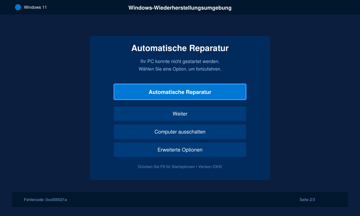 Bildschirm der Windows-Wiederherstellungsumgebung mit Auswahl „Automatische Reparatur“