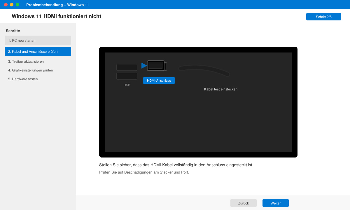 Nahaufnahme eines HDMI-Kabels, das in den Anschluss eines Windows 11 PCs gesteckt wird