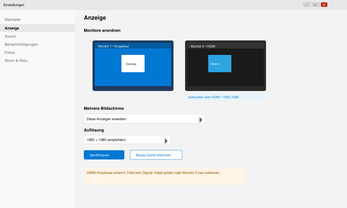 Windows 11 Anzeigeeinstellungen mit erkennbaren Monitoren und HDMI-Optionen