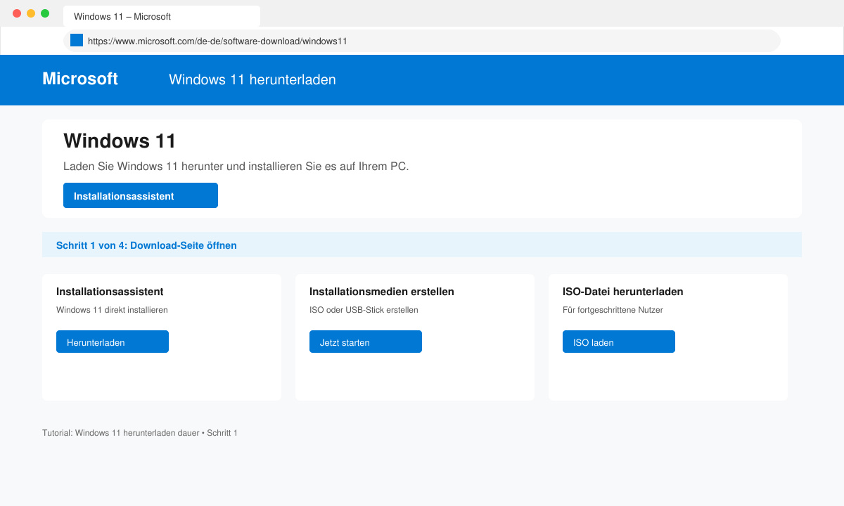 Browserfenster mit der Microsoft Download-Seite für Windows 11