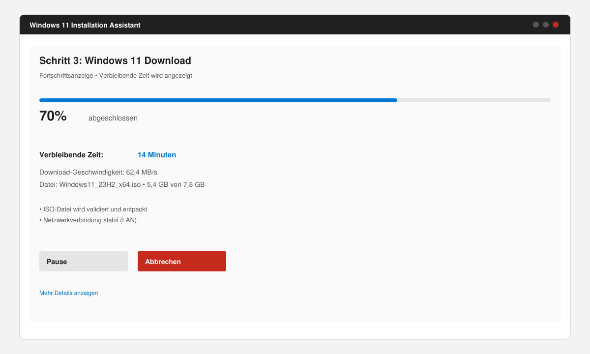 Fortschrittsanzeige des Windows 11 Downloads mit verbleibender Zeit