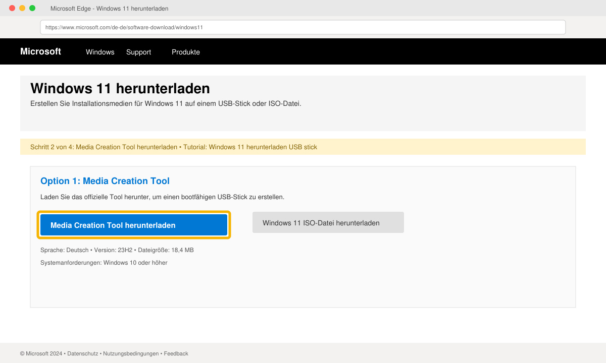 Screenshot der Microsoft-Download-Seite mit hervorgehobenem Button für das Media Creation Tool