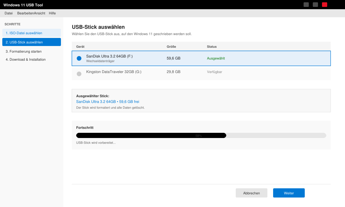 Ansicht des Tools mit ausgewähltem USB-Stick und Fortschrittsbalken