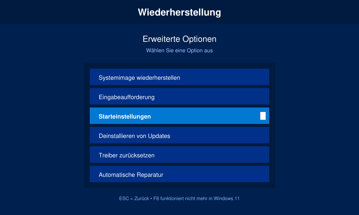 Windows 11 Wiederherstellungsumgebung mit Auswahl „Starteinstellungen“