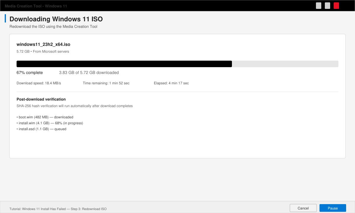 Media Creation Tool window showing ISO file creation in progress