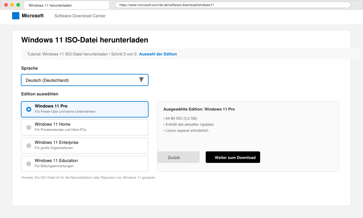 Auswahl der Windows 11 Edition auf der Download-Seite