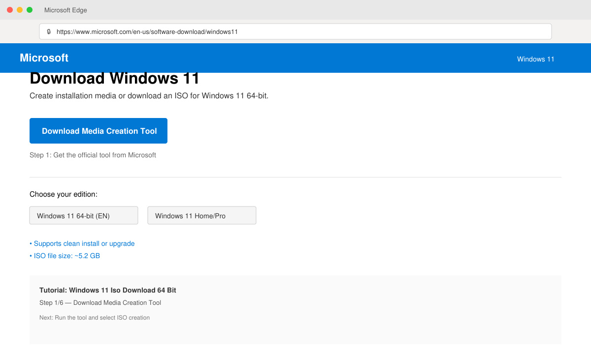 First step of Windows 11 Iso Download 64 Bit showing Media Creation Tool download screen
