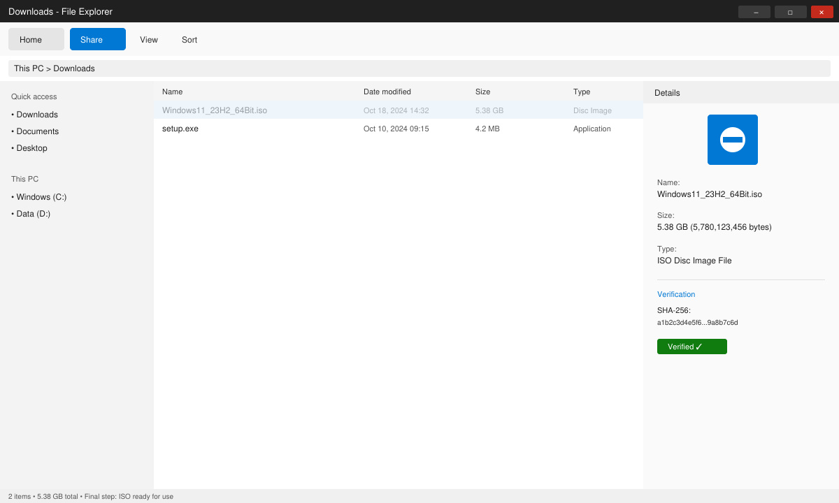 Completed Windows 11 Iso Download 64 Bit showing final ISO file ready on desktop