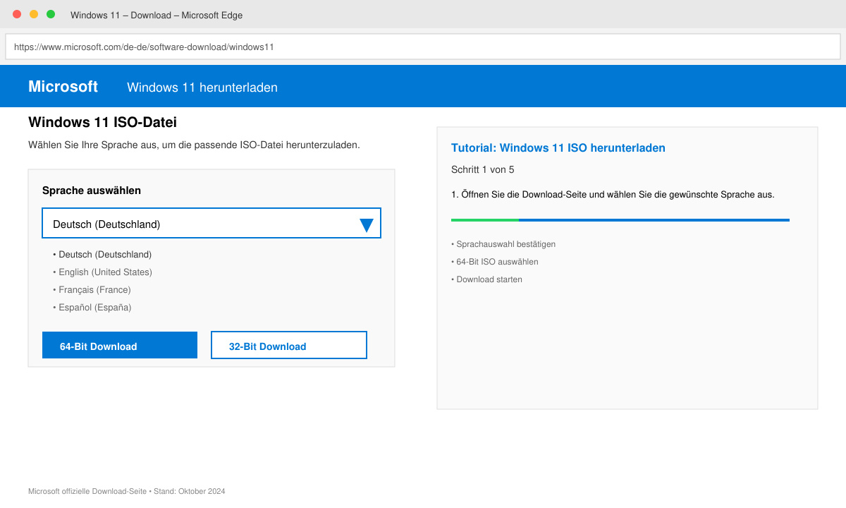 Screenshot der Download-Seite mit Sprachauswahl für Windows 11 ISO