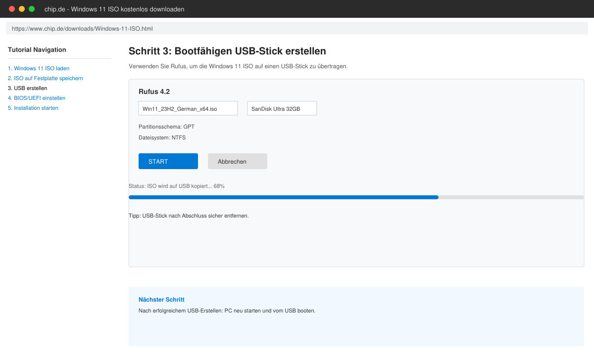 Bootfähiger USB-Stick für Windows 11 Installation erstellen