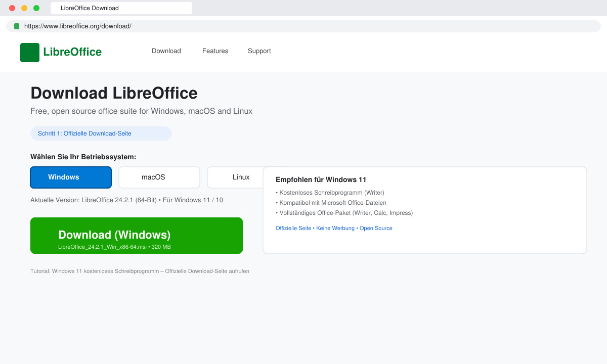 Download-Button auf der LibreOffice-Website mit Windows-Auswahl