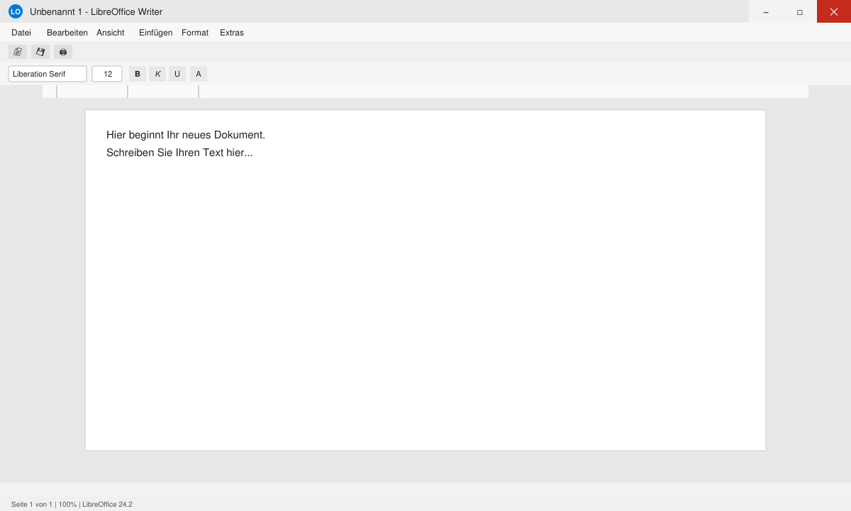 LibreOffice Writer mit neuem Dokument und Formatierungsleiste unter Windows 11