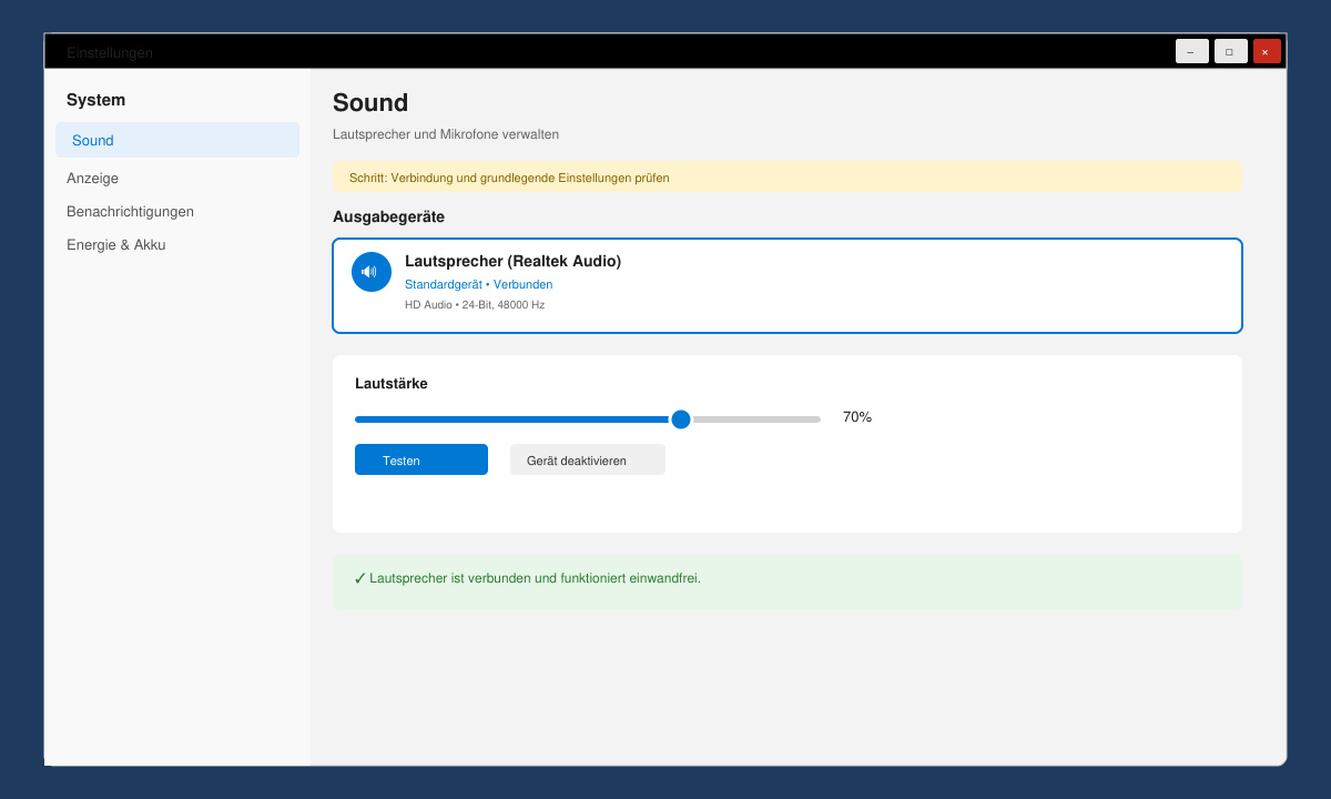 Windows-Sound-Einstellungen mit ausgewähltem Lautsprecher und Lautstärkeregler