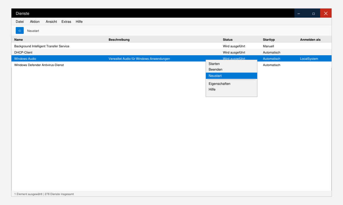 Dienste-Fenster mit markiertem Windows-Audio-Dienst und Neustart-Option
