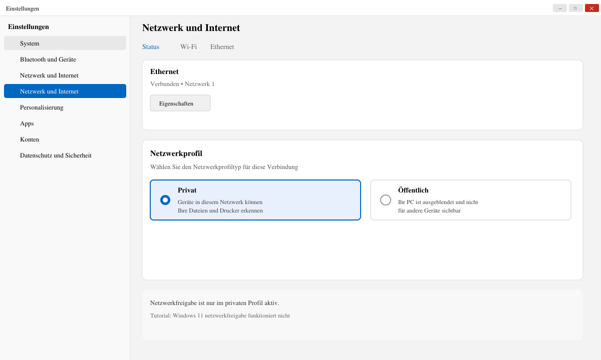 Windows 11 Einstellungen mit ausgewähltem privaten Netzwerkprofil
