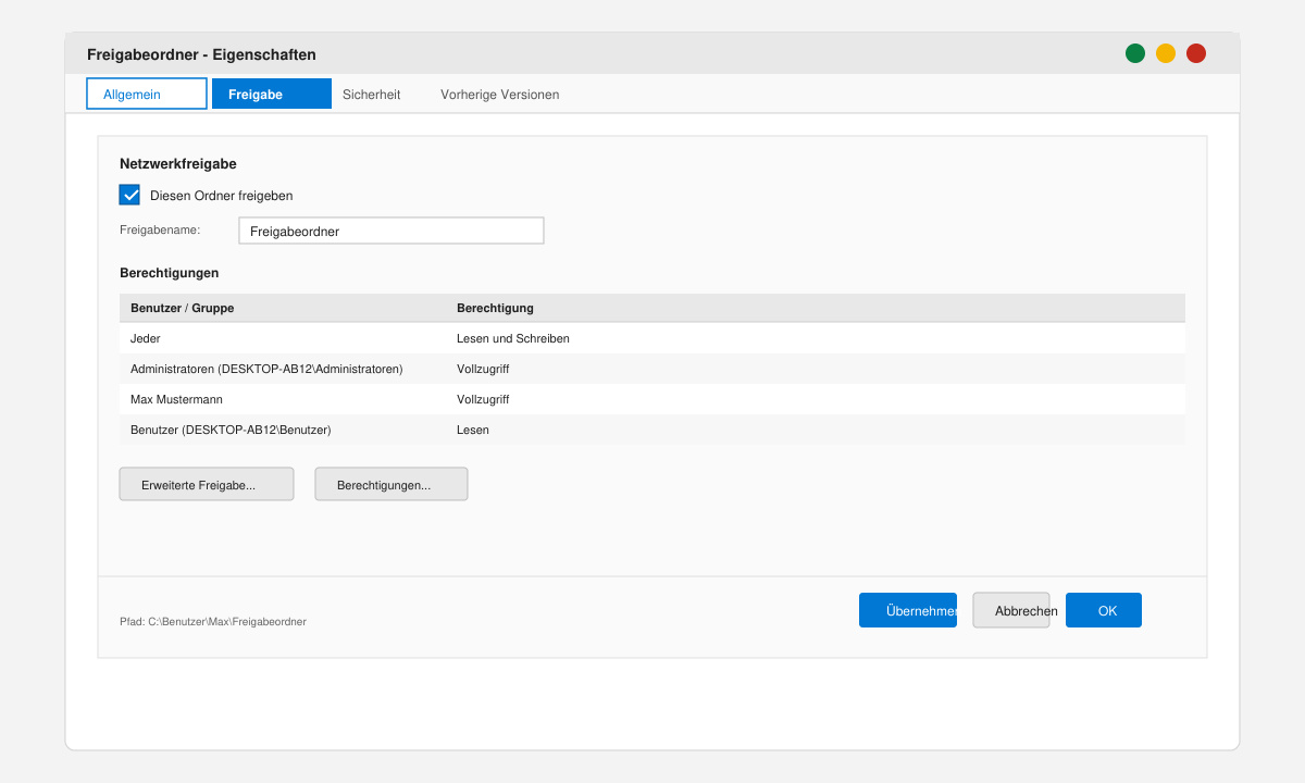 Freigabeordner-Eigenschaften mit aktivierten Berechtigungen in Windows 11