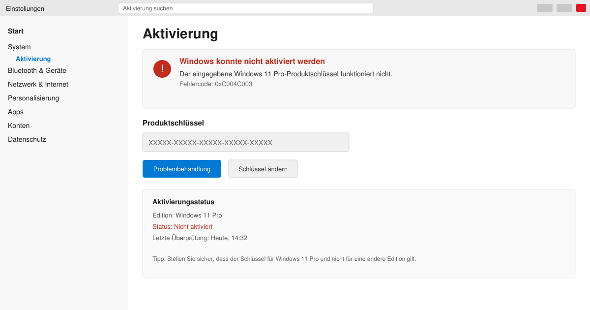 Windows 11 pro key funktioniert nicht