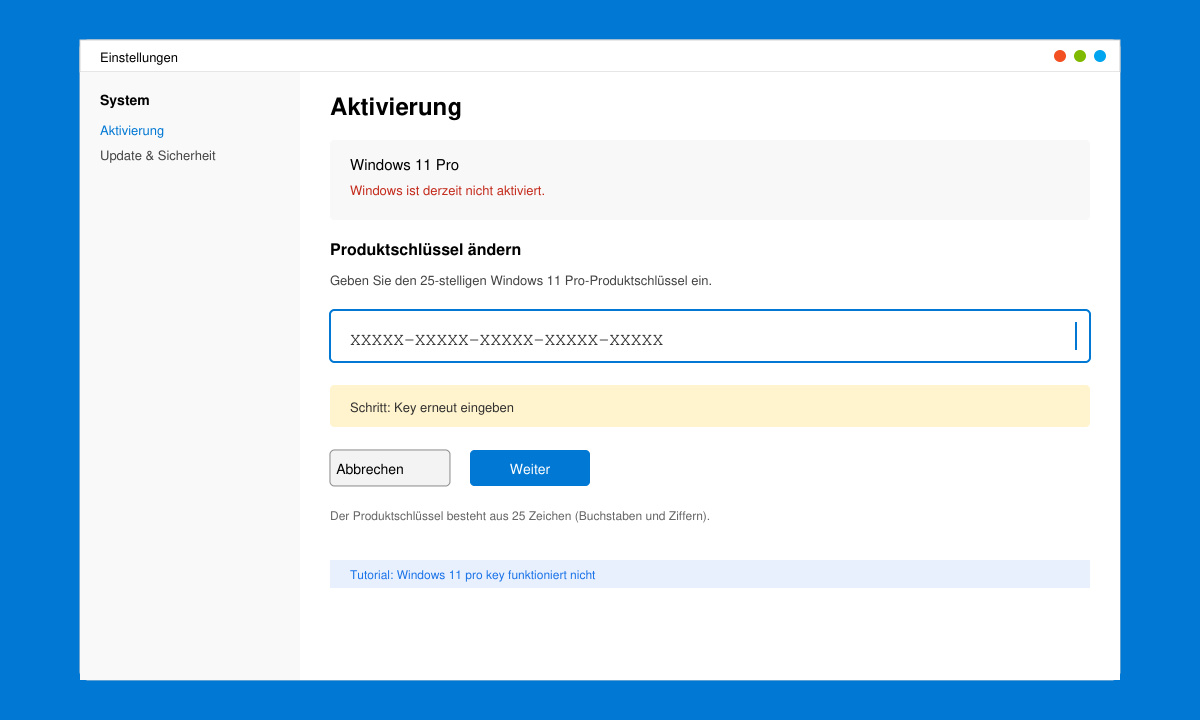 Eingabefeld für den Windows 11 Pro Product Key in den Einstellungen