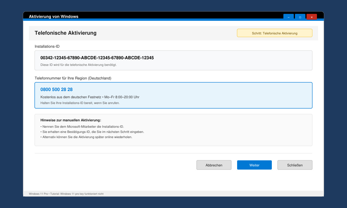 Telefonische Aktivierung von Windows 11 Pro mit Installations-ID