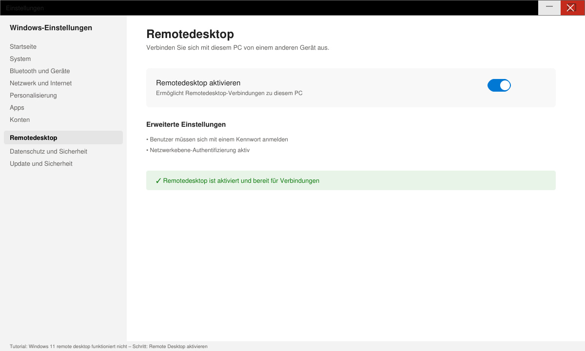 Bildschirm mit aktiviertem Remotedesktop-Schalter in den Windows 11 Einstellungen