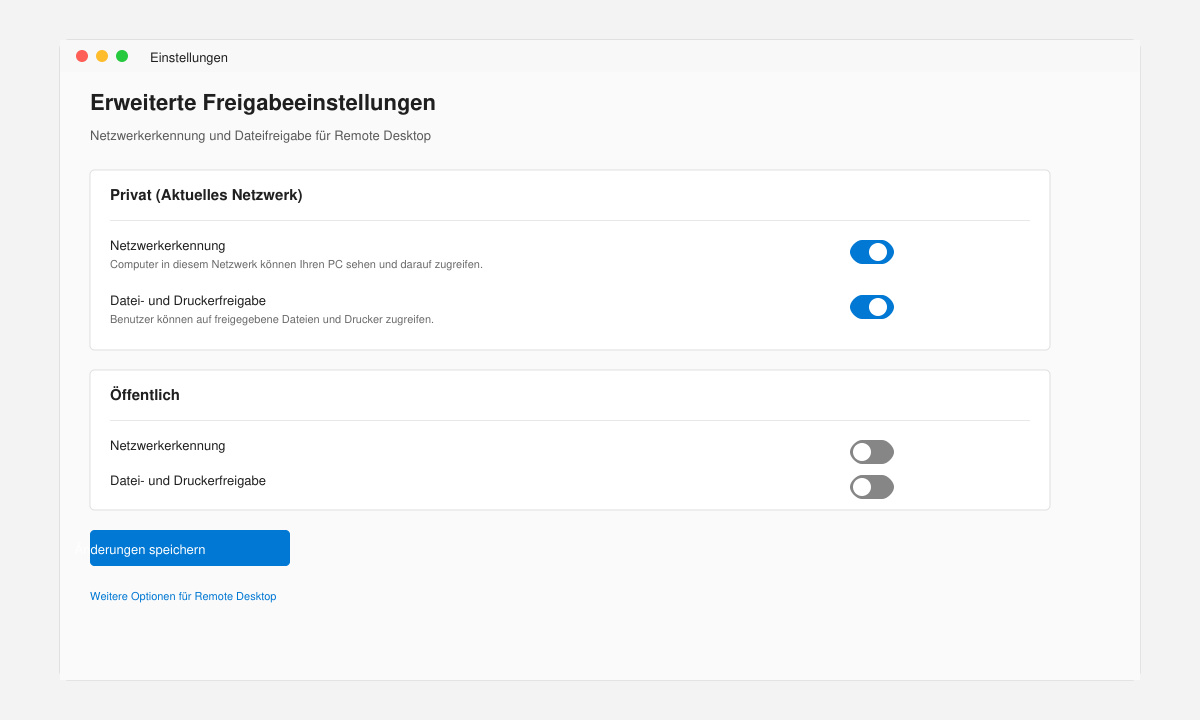 Fenster mit aktivierten Netzwerkerkennungs-Optionen in Windows 11