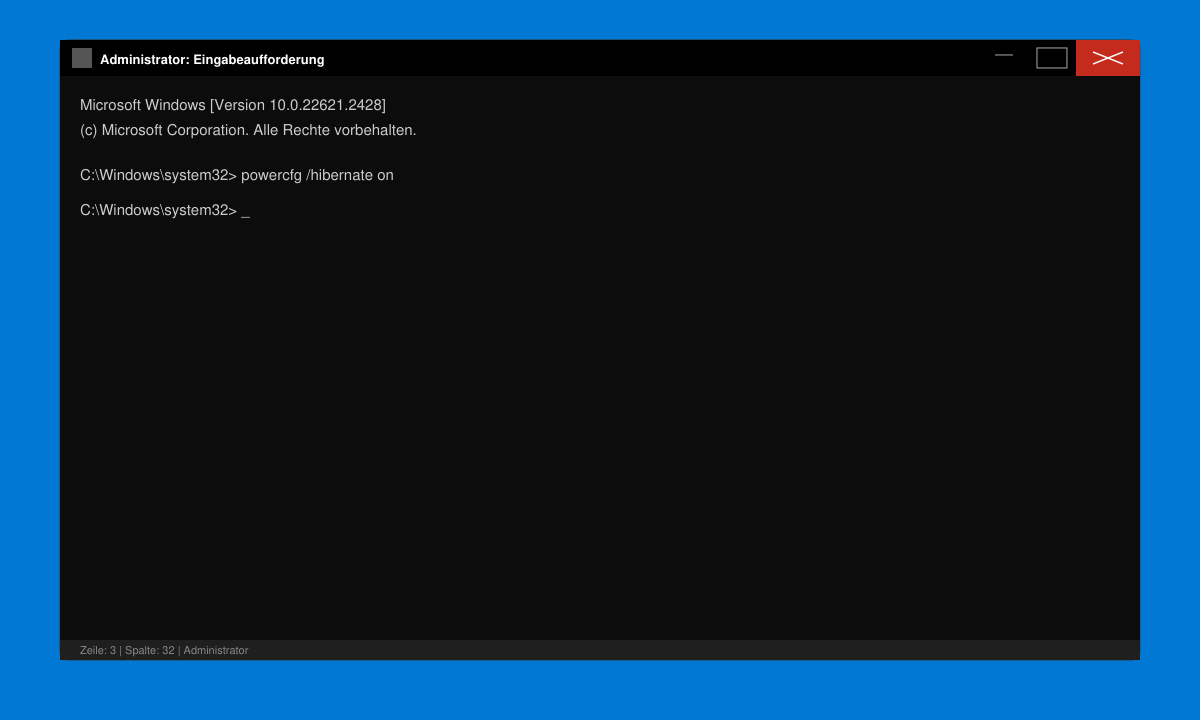 Eingabeaufforderung mit dem Befehl powercfg /hibernate on