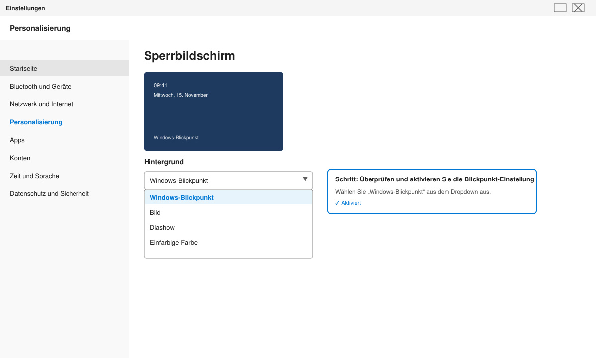 Einstellungsfenster für den Sperrbildschirm in Windows 11