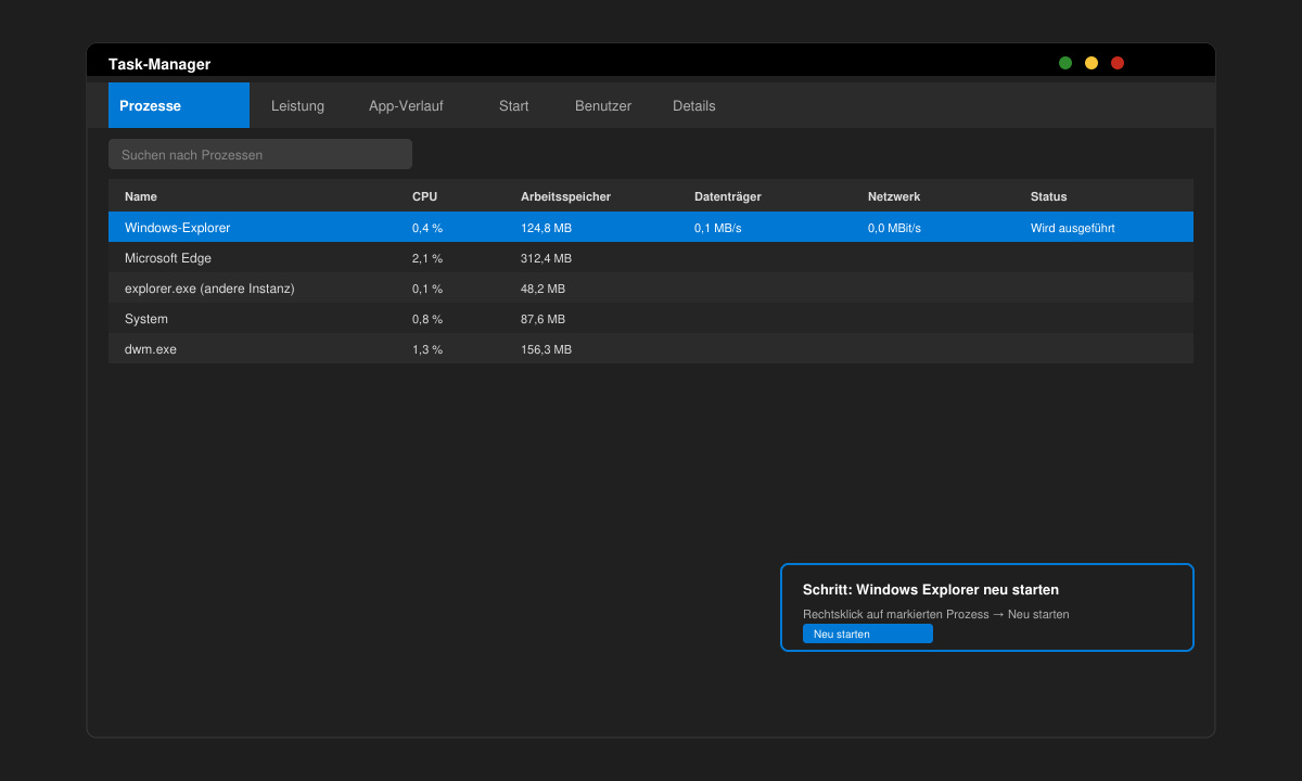 Task-Manager-Fenster mit markiertem Windows Explorer Prozess