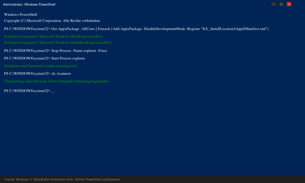 PowerShell-Fenster mit ausgeführten Befehlen zur Taskleisten-Reparatur