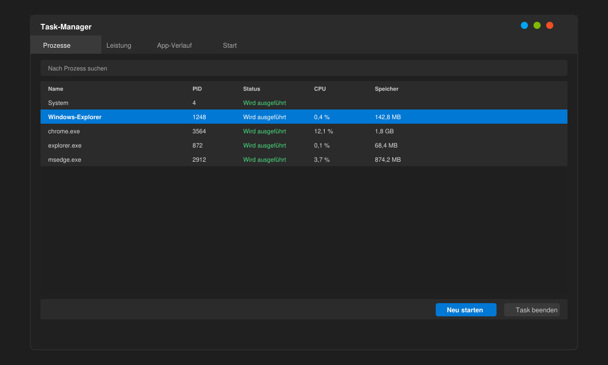 Task-Manager Fenster mit markiertem Windows Explorer Prozess und Neu starten Button