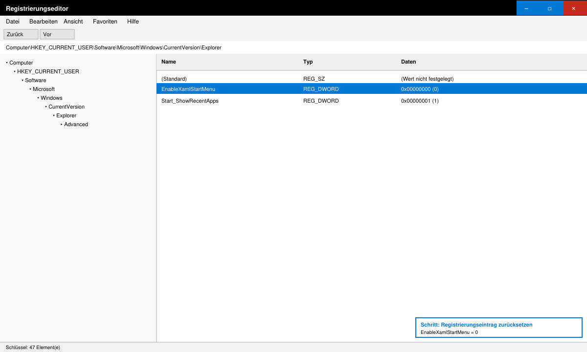 Registrierungseditor mit hervorgehobenem Wert EnableXamlStartMenu auf 0 gesetzt