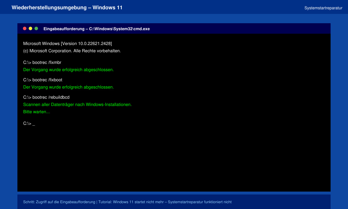 Bildschirm mit geöffneter Eingabeaufforderung in der Windows-Wiederherstellung