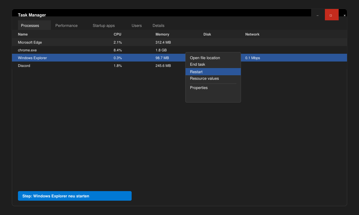 Task Manager window highlighting the Windows Explorer process restart option