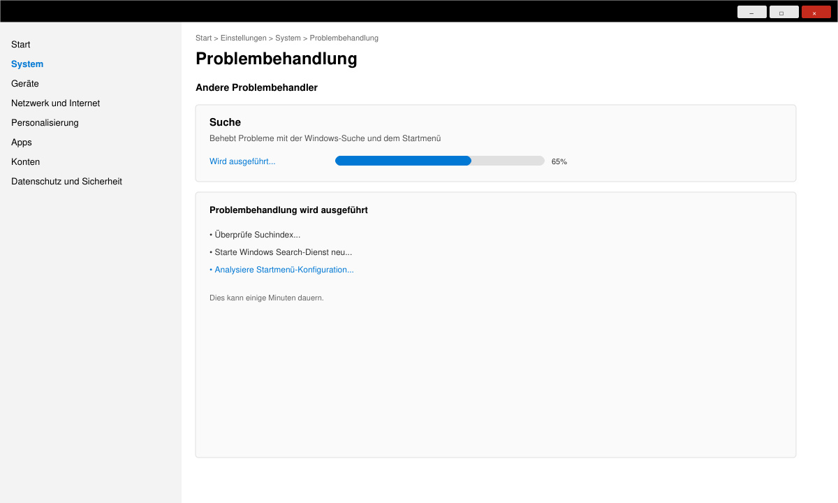 Windows Search troubleshooter running in Settings app