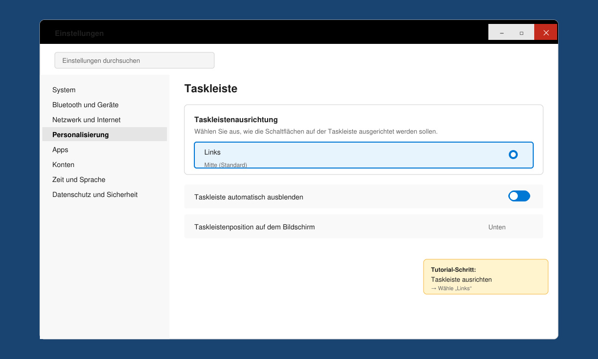 Einstellungsfenster mit hervorgehobener Option Taskleistenausrichtung Links