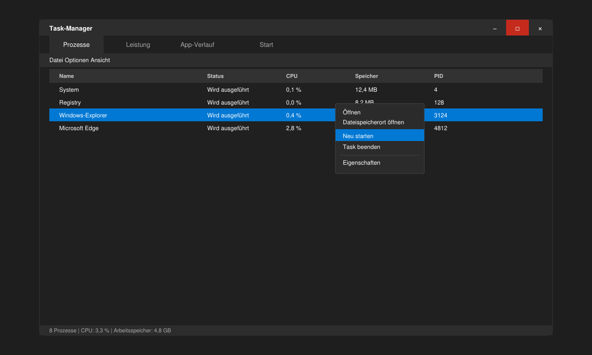 Task-Manager mit markiertem Windows-Explorer-Eintrag