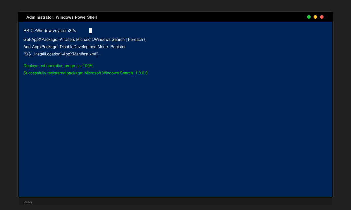 PowerShell-Fenster mit ausgeführten Befehlen zur Neuregistrierung der Such-App