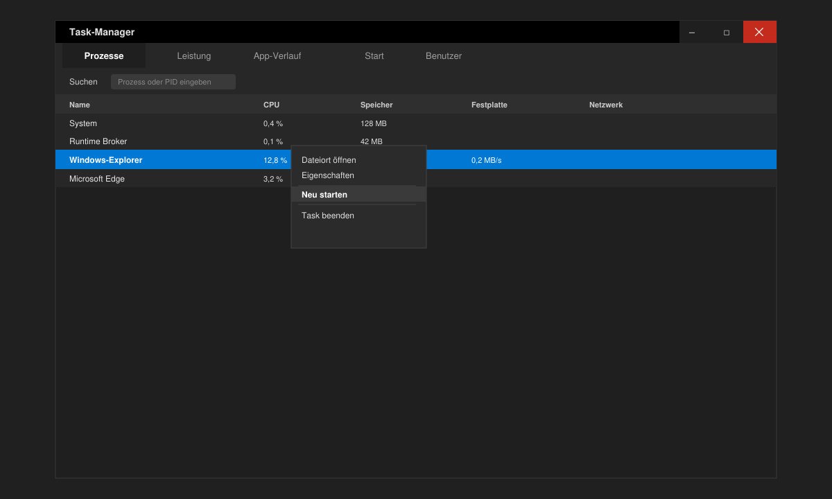 Task-Manager-Fenster mit markiertem Windows-Explorer-Prozess und Kontextmenü „Neu starten“