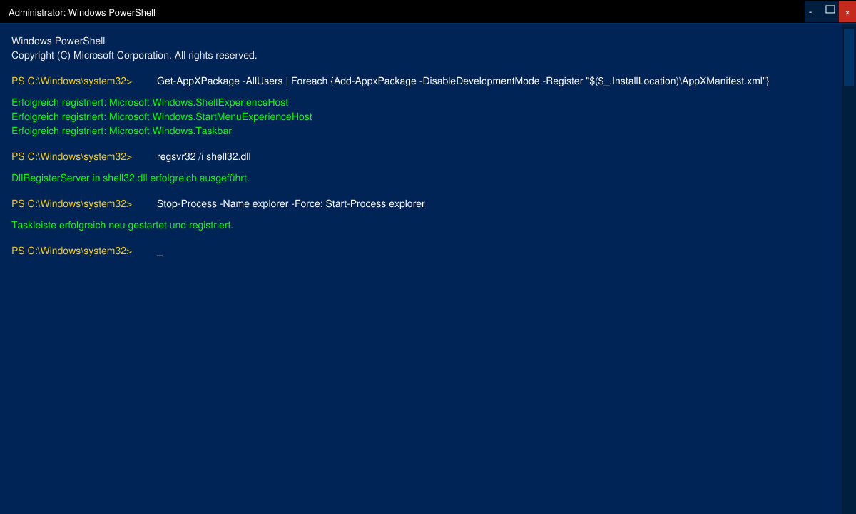 PowerShell-Fenster mit ausgeführten Befehlen zur Registrierung der Taskleiste und erfolgreicher Ausführung