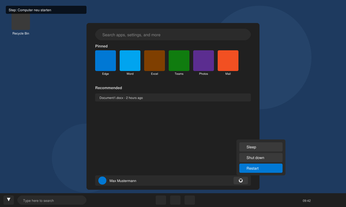 Windows 11 Startmenü mit geöffnetem Ein/Aus-Dialog
