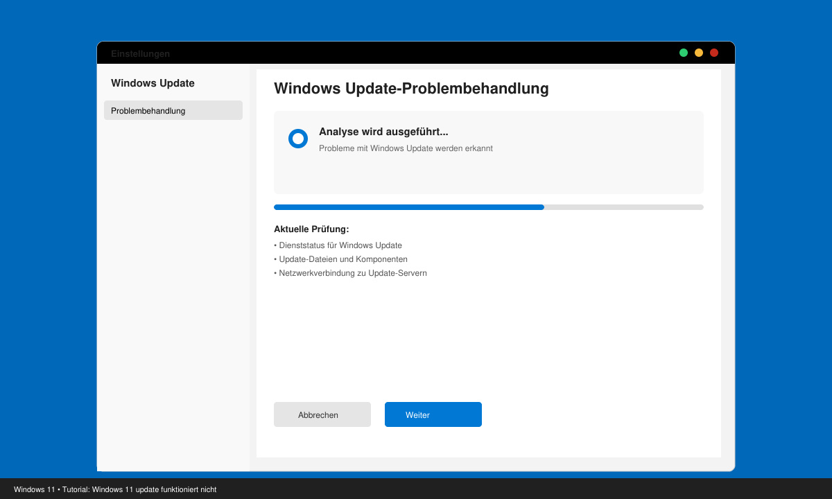 Bildschirm mit geöffnetem Windows Update Troubleshooter und Fortschrittsanzeige