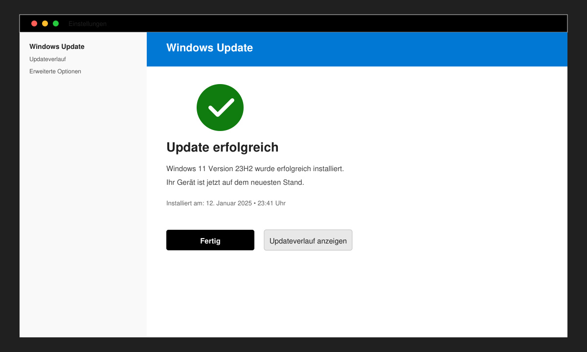 Erfolgreich abgeschlossenes Windows-Update mit Bestätigungsmeldung