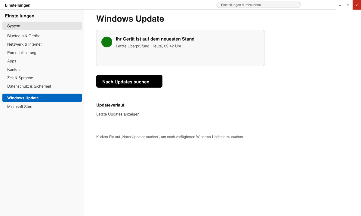 Windows-Einstellungen-Fenster mit geöffnetem Windows-Update-Bereich und Suchschaltfläche